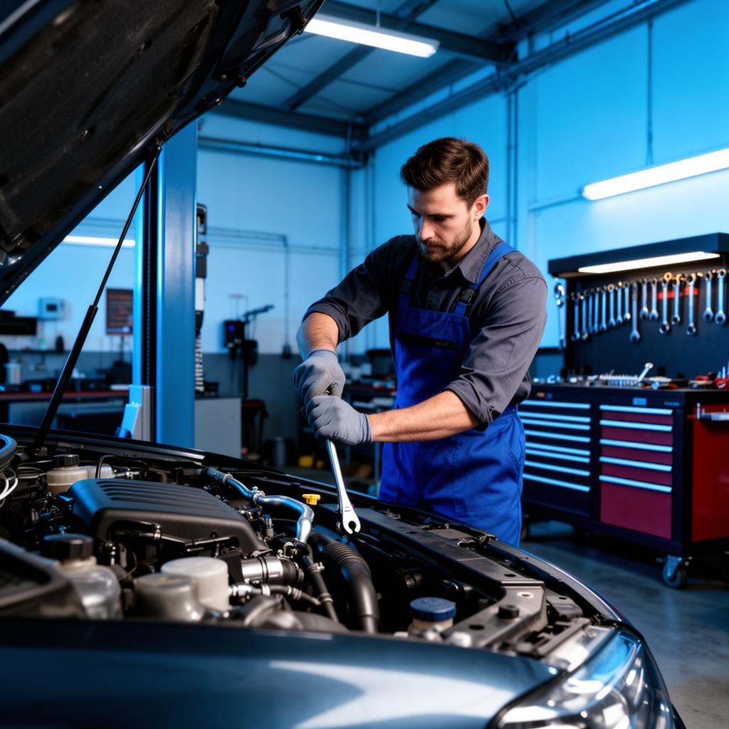 Professional auto mechanic working on engine