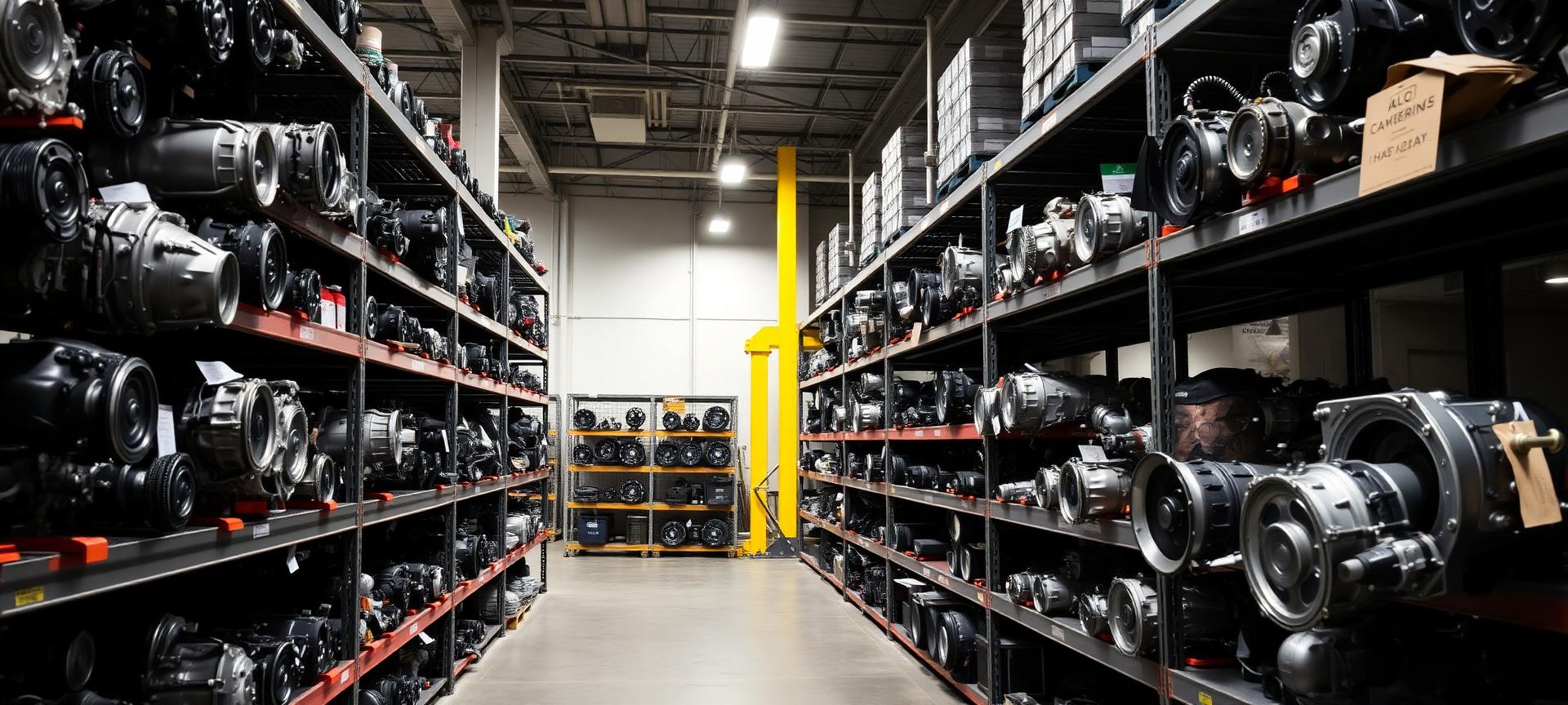 Auto parts warehouse with organized shelves of engines and transmissions